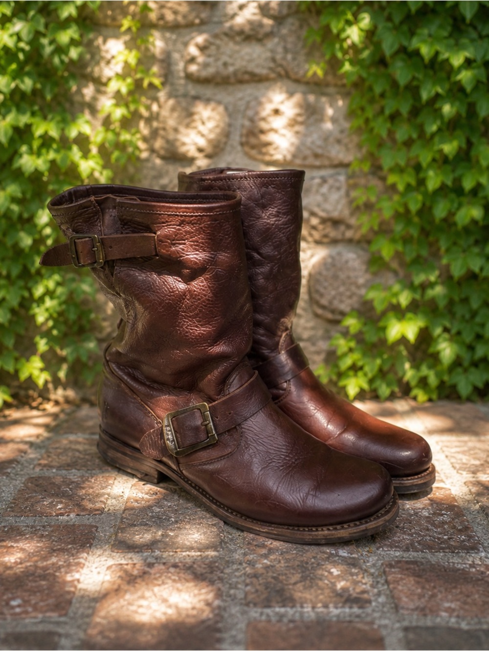 FRYE Brown Natalie Mid-Engineer Leather Boots, Broken-in Patina, 8B